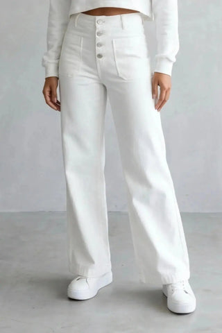 High-Waisted Sweatpants, Casual Straight Leg, Elastic Button SandSet