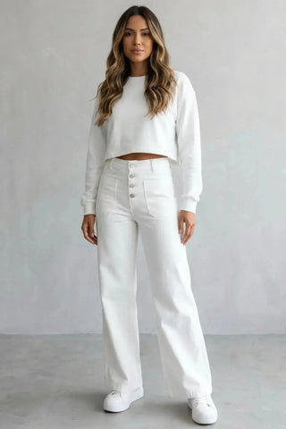 High-Waisted Sweatpants, Casual Straight Leg, Elastic Button SandSet