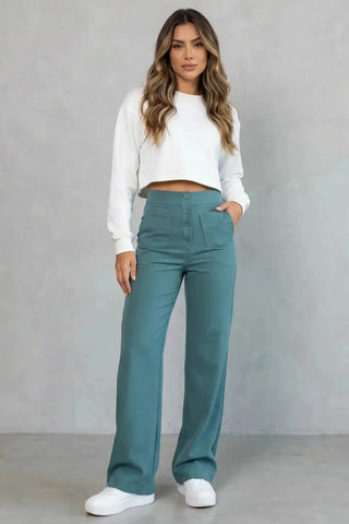 High-Waisted Sweatpants, Casual Straight Leg, Elastic Button SandSet