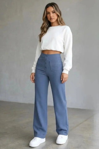High-Waisted Sweatpants, Casual Straight Leg, Elastic Button SandSet