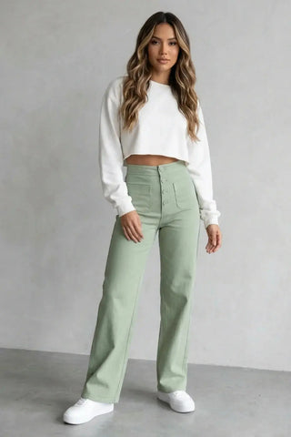 High-Waisted Sweatpants, Casual Straight Leg, Elastic Button SandSet