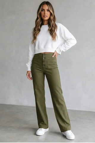 High-Waisted Sweatpants, Casual Straight Leg, Elastic Button SandSet