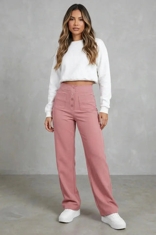 High-Waisted Sweatpants, Casual Straight Leg, Elastic Button SandSet