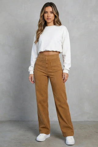 High-Waisted Sweatpants, Casual Straight Leg, Elastic Button SandSet