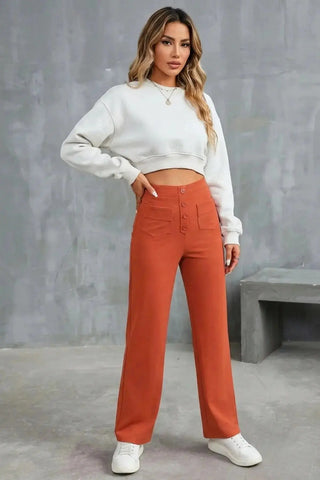 High-Waisted Sweatpants, Casual Straight Leg, Elastic Button SandSet