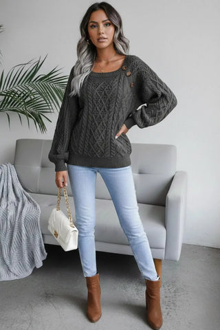 Knit Cotton Sweater with Side-Button Accents SandSet