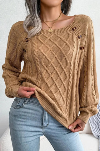 Knit Cotton Sweater with Side-Button Accents SandSet