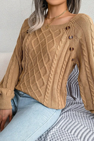 Knit Cotton Sweater with Side-Button Accents SandSet