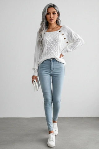 Knit Cotton Sweater with Side-Button Accents SandSet
