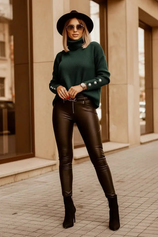 Oversized Button-Detail Turtleneck Knit Sweater SandSet