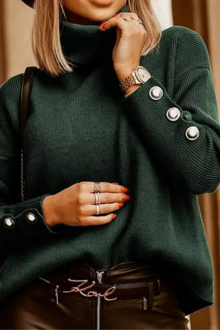 Oversized Button-Detail Turtleneck Knit Sweater SandSet