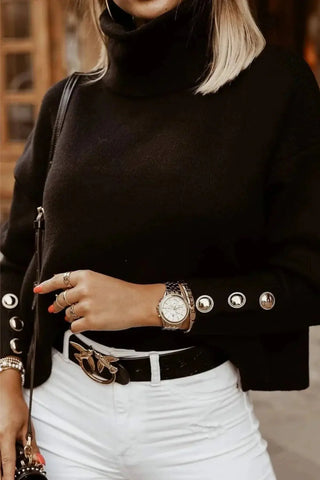 Oversized Button-Detail Turtleneck Knit Sweater SandSet