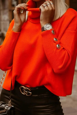 Oversized Button-Detail Turtleneck Knit Sweater SandSet