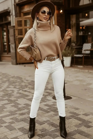 Oversized Button-Detail Turtleneck Knit Sweater SandSet