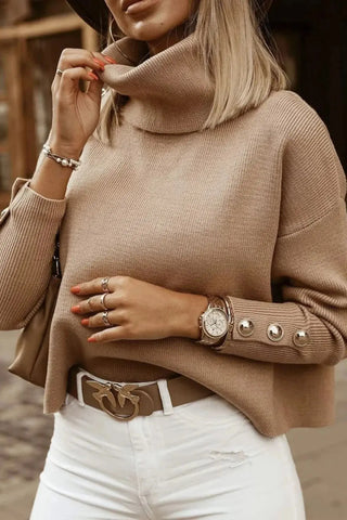 Oversized Button-Detail Turtleneck Knit Sweater SandSet
