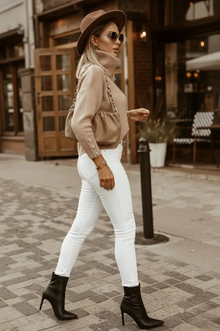 Oversized Button-Detail Turtleneck Knit Sweater SandSet