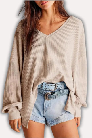 Oversized V-Neck Waffle Knit Top with Lantern Sleeves SandSet