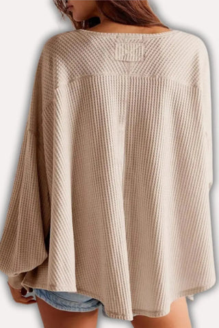 Oversized V-Neck Waffle Knit Top with Lantern Sleeves SandSet