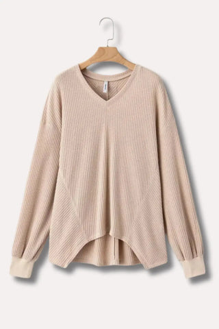 Oversized V-Neck Waffle Knit Top with Lantern Sleeves SandSet