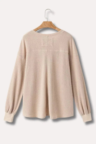 Oversized V-Neck Waffle Knit Top with Lantern Sleeves SandSet