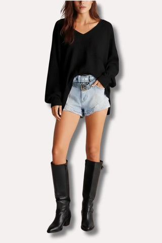 Oversized V-Neck Waffle Knit Top with Lantern Sleeves SandSet