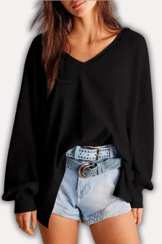 Oversized V-Neck Waffle Knit Top with Lantern Sleeves SandSet