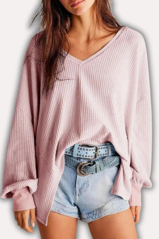Oversized V-Neck Waffle Knit Top with Lantern Sleeves SandSet