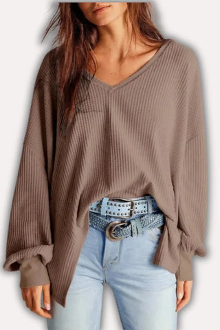 Oversized V-Neck Waffle Knit Top with Lantern Sleeves SandSet