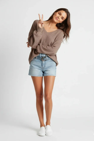 Oversized V-Neck Waffle Knit Top with Lantern Sleeves SandSet