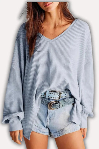 Oversized V-Neck Waffle Knit Top with Lantern Sleeves SandSet