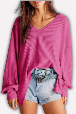 Oversized V-Neck Waffle Knit Top with Lantern Sleeves SandSet