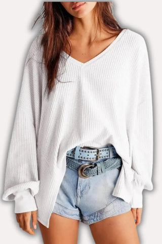 Oversized V-Neck Waffle Knit Top with Lantern Sleeves SandSet