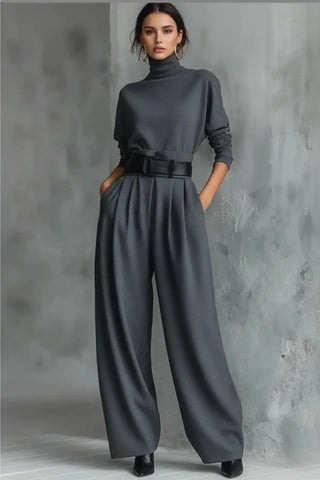 Ribbed Turtleneck & Straight-Leg Knit Ensemble SandSet