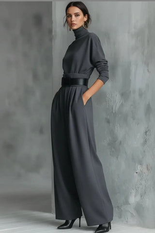 Ribbed Turtleneck & Straight-Leg Knit Ensemble SandSet