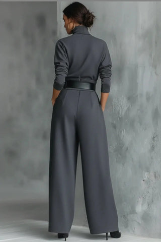 Ribbed Turtleneck & Straight-Leg Knit Ensemble SandSet
