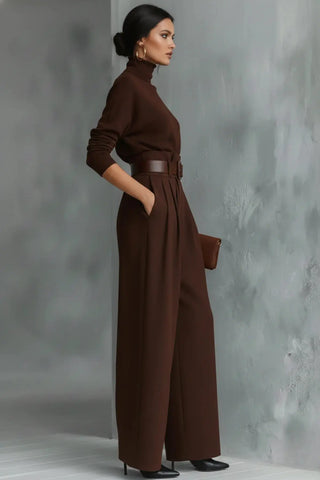 Ribbed Turtleneck & Straight-Leg Knit Ensemble SandSet