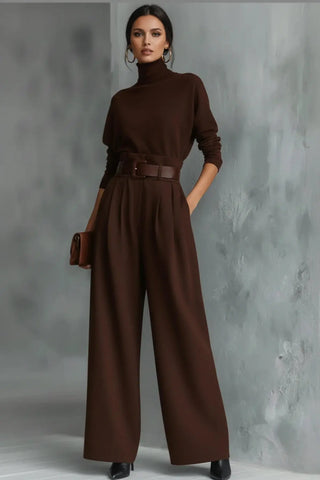 Ribbed Turtleneck & Straight-Leg Knit Ensemble SandSet