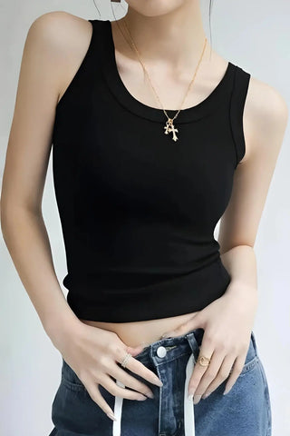 Round Neck Built in Bra Ribbed Tank Top SandSet