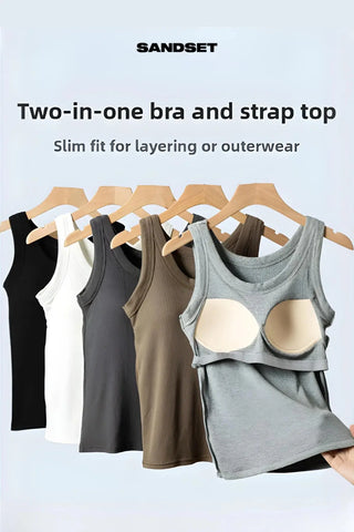 Round Neck Built in Bra Ribbed Tank Top SandSet