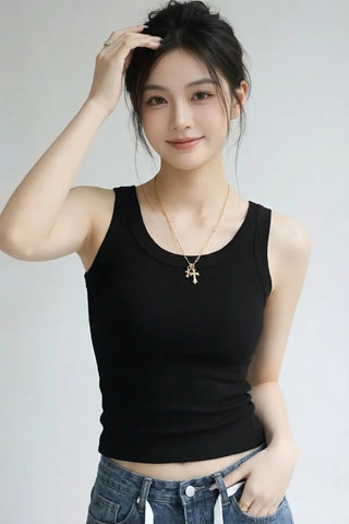 Round Neck Built in Bra Ribbed Tank Top SandSet