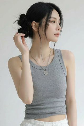 Round Neck Built in Bra Ribbed Tank Top SandSet