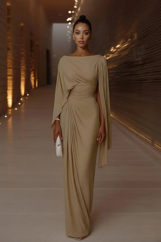 Sophisticated Boat-Neck Pleated Slim-Fit Maxi Dress SandSet