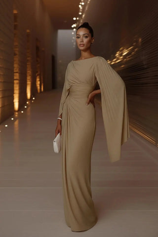 Sophisticated Boat-Neck Pleated Slim-Fit Maxi Dress SandSet