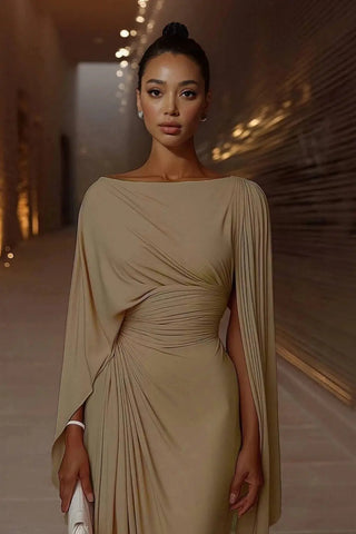 Sophisticated Boat-Neck Pleated Slim-Fit Maxi Dress SandSet