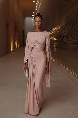 Sophisticated Boat-Neck Pleated Slim-Fit Maxi Dress SandSet