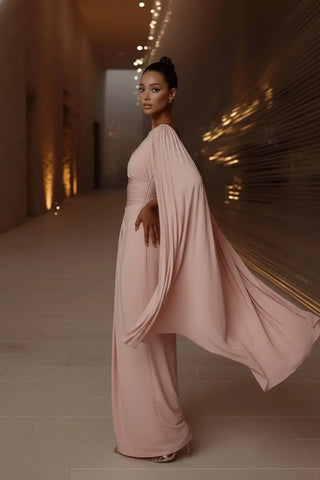 Sophisticated Boat-Neck Pleated Slim-Fit Maxi Dress SandSet