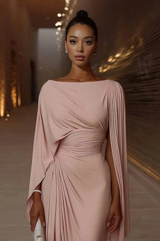 Sophisticated Boat-Neck Pleated Slim-Fit Maxi Dress SandSet