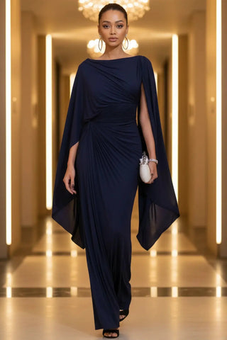 Sophisticated Boat-Neck Pleated Slim-Fit Maxi Dress SandSet