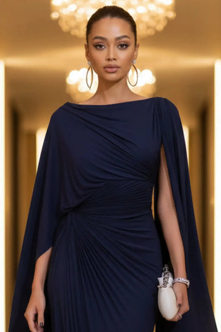 Sophisticated Boat-Neck Pleated Slim-Fit Maxi Dress SandSet