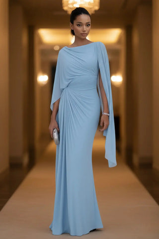 Sophisticated Boat-Neck Pleated Slim-Fit Maxi Dress SandSet